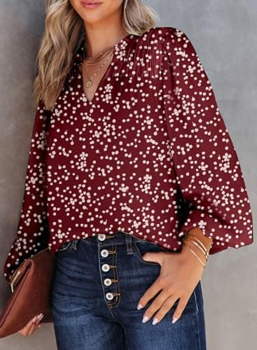 Dokotoo Womens Juniors Summer Tops 2025 Fashion Trendy Casual Dressy Fall Outfits Smocked Long Sleeve T Shirts Alicia Flower Print V Neck Business Work Tunic Bohemian Floral Top Medium Biking Red - Image 2