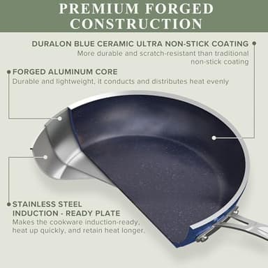 Nuwave Healthy Duralon Blue Ceramic Nonstick Cookware Set, Diamond Infused Scratch-Resistant, PFAS Free, Dishwasher & Oven Safe, Induction Ready & Evenly Heats, Tempered Glass Lids & Stay-Cool Handles - Image 2