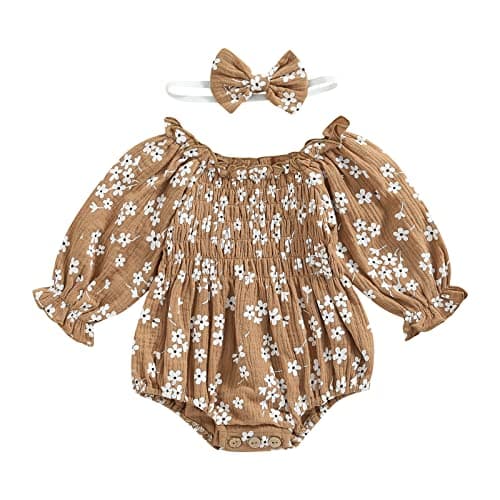 COORALLY 2pcs Baby Girl Smocked Bubble Romper Newborn Long Sleeve Off Shoulder Flowers Printed Ruffle Jumpsuit (A-Yellow, 12-18 Months) - Image 1