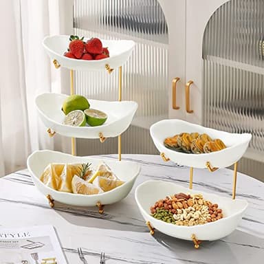 HOMKULA Ceramic Fruit Bowl for Kitchen Counter - 3 Tier Fruit Basket with Metal Stand, Tiered Fruit Stand for Countertop, Snack, Nuts, Cake, Dessert, Small & Cute (Gold) - Image 7