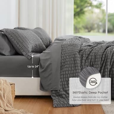 Love's cabin Seersucker Dark Grey King Size Comforter Set 7 Pieces, All Season Bedding Set, King Bed in a Bag Comforter Set with Comforter, Flat Sheet, Fitted Sheet, Pillowcase and Pillow Sham - Image 3