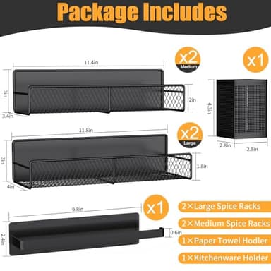 Magnetic Spice Rack for Refrigerator, 6 Pack 100% Metal Strong Magnet Shelf Black, Space Saving Spice Organizer, Home Kitchen Laundry Room Storage Organization W/ Paper Towel Holder, Utensils Racks - Image 2