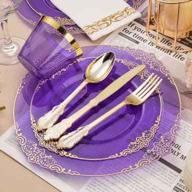 Bestluck 350PCS Clear Purple Plastic Plates for 50 Guests, Disposable Plates with Gold Trim include 50 Dinner Plates, 50 Dessert Plates, 150 Gold Silverware, 50 Cups, 50 Napkins for Party, Wedding - Image 3