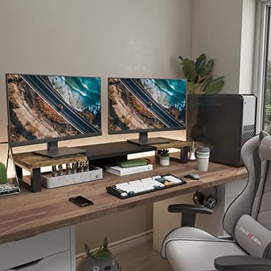 WESTREE Dual Monitor Stand Riser, Wood and Steel Multi-Purpose Desktop Storage Stand for 2 Monitors for Computer, Laptop, Printer, TV, Rustic Brown - Image 5
