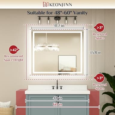 Keonjinn 42 x 36 Inch LED Bathroom Mirror with Lights, Bighter Frontlit & Backlit Vanity Mirror with Stepless Dimmable 3-Color, Anti-Fog Mirror for Wall, HD Tempered Glass, Memory Founction, CR90+ - Image 6