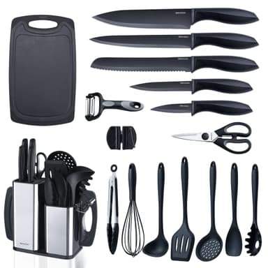 RAXCO Kitchen Utensils Set,18-Piece Cooking Tools and Sharp Knives,Stainless Steel Holder and Cutting Board - Image 1