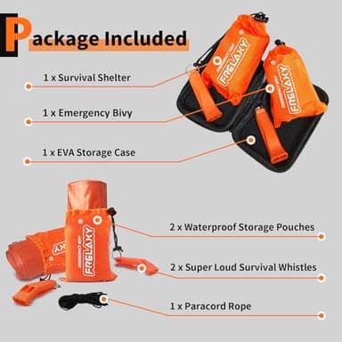 Frelaxy Extra-Thick Survival Tent and Emergency Sleeping Bag, Emergency Shelter Survival Bivy Set with Whistles, Paracord, Storage Pouches, and EVA Case, Perfect for Survival Kits (Orange Set) - Image 2