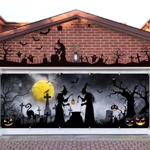 Arosche Extra Large Halloween Garage Door Cover 6 * 16Ft Horror Scary Witches Pumpkins Bats Decorations Background Party Supplies for Garage Door Cover, Phoyography, Party Decorations - Image 1