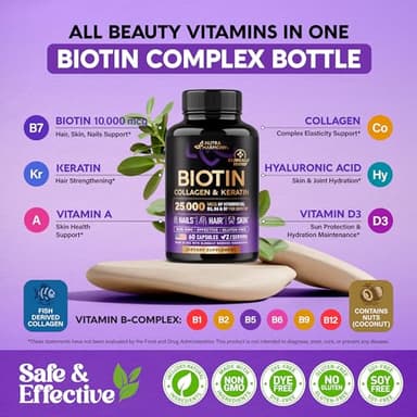 Biotin | Collagen | Hyaluronic Acid | Keratin - Clinically Tested Supplement - Hair Growth Support, Skin & Nails - 25000 mcg Vitamins B2, B3, B6 & B7 + B1 - Made in USA - Women & Men | 60 Capsules - Image 3