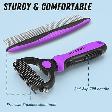 Docrok Pet Grooming Brush and Metal Comb Combo - Undercoat Rake for Dematting and Deshedding Long Matted Haired Dogs and Cats, Purple - Image 6