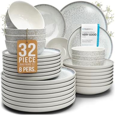 Stoneware dinnerware set 8 persons 32 pcs - Mediterranean dinnerware set, dishwasher, microwave and scratch resistant - Bowl and plate set - Dinnerware Pure Living Light Beige… - Image 1
