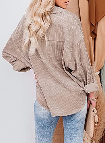 Dokotoo Womens V Neck Roll Up Long Sleeve Pocket Corduroy Shirts Casual Boyfriend Button Down Petite Blouses M Light Brown - Image 2