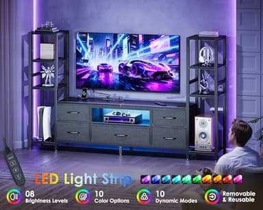 Casaottima 71" TV Stands for 43, 50, 55 Inch TV Entertainment Center with LED Lights and Power Outlets, TV Stand for Living Room with 5 Fabric Drawers & Shelf, TV Console Cabinet for Bedroom, Black - Image 4