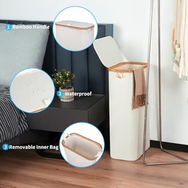 efluky Slim Laundry Basket with Lid, Narrow Laundry Hamper with Removable Bag, Skinny Dirty Clothes Basket with Bamboo Handles for Bathroom, Bedroom & Laundry Room, 63L Beige - Image 2