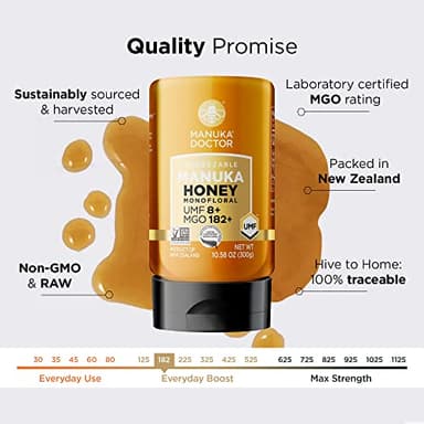 MANUKA DOCTOR - Manuka Honey SQUEEZY MGO 182+ / UMF8 DUAL RATED Monofloral, 100% Pure New Zealand Honey. Certified. Guaranteed. RAW. Non-GMO (10.58 oz) - Image 3
