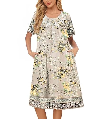 House Dresses for Women Floral Print Nightgowns Short Sleeve Lounge Moo Moo Dresses Sleepwears with Pockets - Image 1