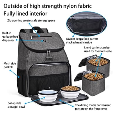 BAGLHER丨Dog Travel Bag, Airline Approved Pet Supplies Backpack, Dog Travel Backpack Accessories Set with 2 Silicone Collapsible Bowls and 2 Food Baskets, Gray - Image 4