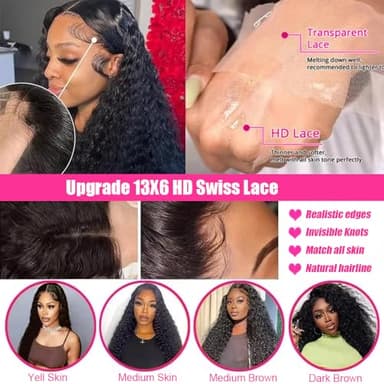 JTMMP 13x6 Deep Wave Lace Front Wigs Human Hair 200% Density 26 Inch Curly Human Hair Wig for Women Natural Black HD Transparent Lace Glueless Frontal Wigs Human Hair Pre Plucked - Image 5