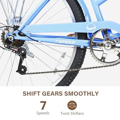 WEIZE Beach Cruiser Bike, 26 inch Commuter Bicycle for Adult Men and Women, 7-Speed/High-Carbon Steel/Front & Rear Fenders, Comfortable City Bikes with Rear Rack&Basket, Ergonomic Upright Design, Blue - Image 4