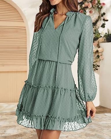 BTFBM Long Sleeve Fall Dresses for Women 2025 Summer Casual Tie Neck Ruffle Tiered A Line Wedding Guest Short Mini Dress(Dot Green, Medium) - Image 3