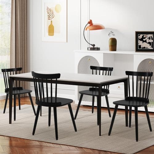 RêveLife Windsor Dining Chair Set of 4 Farmhouse Solid Wood Spindle Back Side Chair Mid-Century Modern Black Armless Kitchen Chair for Dining Living Room Farmhouse Restaurant - Image 1