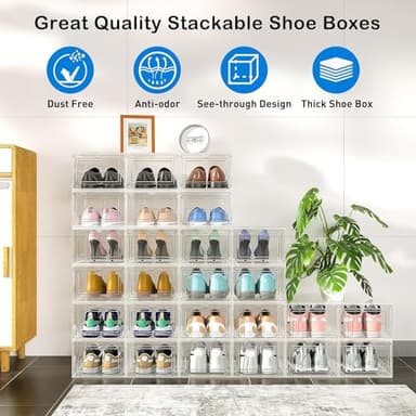 Mitees 10 Pack XX Large Thicken Sturdy Hard Plastic Clear Stackable Shoe Storage Boxes for Size 12, Sneaker Shoe Rack Containers Holders Bins Display Case Organizer for Closet, White - Image 2