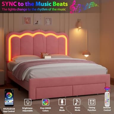 Queen Upholstered LED Bed Frame with 2 Storage Drawers and Adjustable Chic Double Wavy Headboard, Velvet Princess Platform Bed with Charing Station, Solid Wood Slats Support,No Box Spring Needed, Pink - Image 5