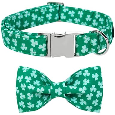 ARING PET St. Patrick's Day Dog Collar with Bow, Cute Adjustable Green Clovers Bowtie Pet Collars with Metal Buckle for Puppy Small Medium Large Boy Girl Dogs-S - Image 1