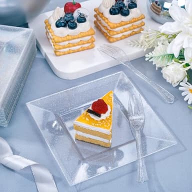 DaYammi 100Pcs Silver Dessert Plates Including 50Pcs Appetizer Plates 6",50Pcs Plastic Forks 5.7",Silver Glitter Plastic Square plate for Wedding,silver Salad plates and Cake Forks for Birthday Party - Image 4