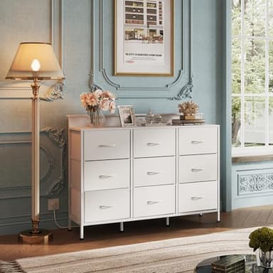 WLIVE White TV Stand for 45, 50, 55 inch TV, Entertainment Center with LED Lights & Charging Station, TV Media Console Table with 9 Fabric Drawers and Open Shelves for Living Room, Hallway, Wood Top - Image 7