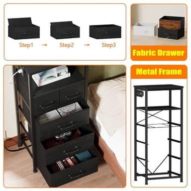 Furnulem Dresser for Bedroom, Tall Nightstand, Vertical Chest with Wood Top, Charging Station, LED Lights, 5 Fabric Bins, Bedside Table with Shelf, Furniture for Entryway (5 Drawer, Black Oak) - Image 6