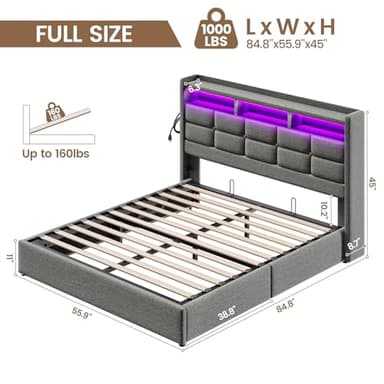Driftalia Lift Up Full Size Bed Frame with Storage, Upholstered Full Bed Frame with LED Lights Headboard and Charging Station, No Box Spring Needed, Easy Assembly - Light Grey - Image 2