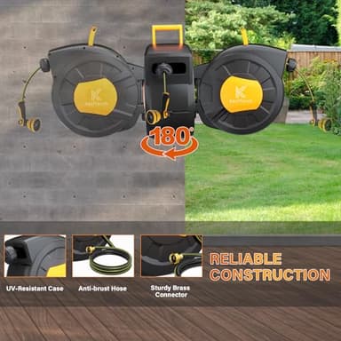 Retractable Hose Reel, 1/2 Inch x 98 FT Compact Water Hose Reel Wall Mounted Garden Hose Reel with 10 Pattern Nozzles, Any Length Lock, Slow Rewind Storage, 180°Swivel Bracket - Image 5