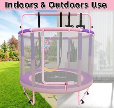 LANGXUN 60" Trampoline for Kids, 5ft Toddler Mini 6-in-1 Trampoline Indoor Outdoor with Swing, Basketball Hoop, Dart Board, Gymnastics Bar, Rings, Christmas Toys Birthday Gifts for Girls Boys Age 1-8 - Image 4