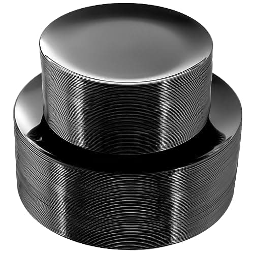 PULOTE 100PCS Black Plastic Plates Disposable - Premium Heavy Duty 50 Black Dinner, 50 Dessert/Salad Plates - Ideal for Party, Halloween - Image 1