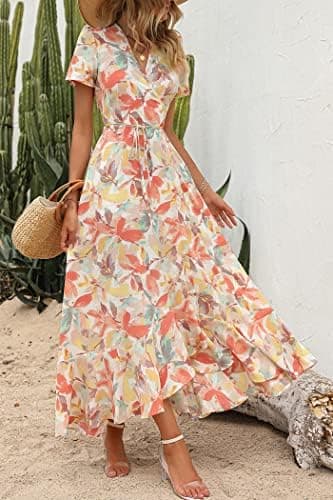 PRETTYGARDEN Women's Boho Floral Maxi Dress Summer Short Sleeve Wrap V Neck Long Flowy Beach Vacation Wedding Guest Dresses - Image 5
