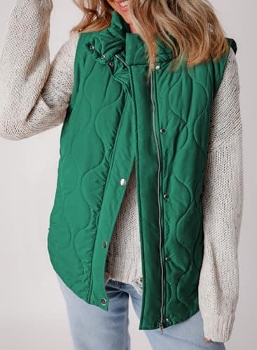EVALESS Fall Winter 2025 Clothes for Women Cropped Puffer Vest Lightweight Quilted Stand Collar Sleeveless Jackets Warm Button Zip Up Coat Outerwear Gilet with Pockets Green Large - Image 6