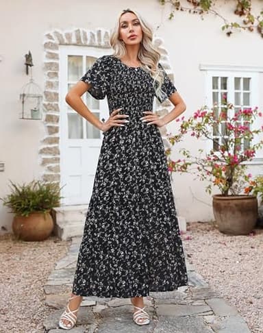 Women Summer Short Sleeve Round Neck Flutter Sleeve Smocked Pleats Ruffle Maxi Floral Dress Black Printed XL - Image 3