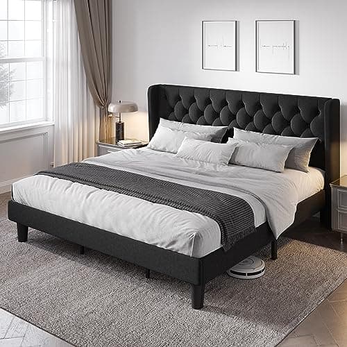 Allewie King Size Bed Frame with Button Tufted Wingback Headboard, Modern Upholstered Bed Frame with Solid Wooden Slats Support - No Box Spring Needed, Easy Assembly, Black - Image 1