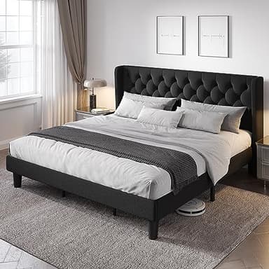 Allewie King Size Bed Frame with Button Tufted Wingback Headboard, Modern Upholstered Bed Frame with Solid Wooden Slats Support - No Box Spring Needed, Easy Assembly, Black - Image 1
