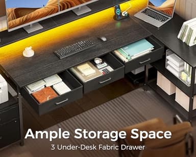 AODK L Shaped Desk with 5 File Drawers, 66" Reversible L Shaped Computer Desk with Power Outlet & LED Strip, Office Desk with Storage Shelves, Gaming Desk with Monitor Shelf, Corner Desk, Black - Image 4