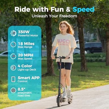 iScooter i9L Electric Scooter Adults and Teenages, Light Up Scooter 20 MPH Top Speed, 18 Miles Range, 8.5'' Pneumatic Tires, 350W Foldable and Cruise Control Escooter with Double Braking System&APP - Image 2