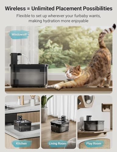 DownyPaws Cat Water Fountain Stainless Steel Cordless, 84oz/2.5L Fursink Wireless Pet Water Fountains for Cats Indoor, Battery Operated Cat Drinking Fountain, Ultra Quiet Pump, BPA-Free, Black - Image 2