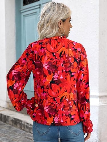 MASCOMODA Womens V Neck Floral Long Sleeve Tops 2025 Summer Casual Loose Puff Sleeve Chiffon Boho Work Blouse Dressy T Shirts(Red Flower,Large) - Image 5