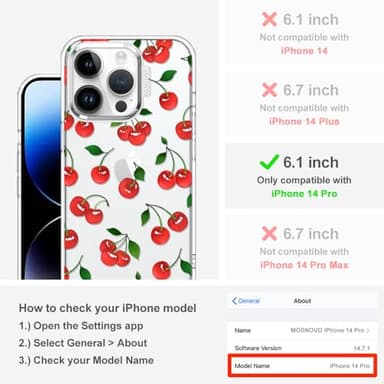 MOSNOVO Case for iPhone 14 Pro, [Buffertech 6.6ft Military-Grade Drop Protection] [Anti Peel Off Tech] Clear TPU Bumper Phone Case Cover Design - Cute Cherry - Image 2