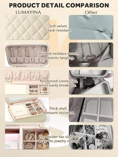 Lumayina Velvet Travel Jewelry Box with Large Mirror, Double-Layer Jewelry Organizer Case for Women and Girls, Portable Storage Case with 6 Anti-Tarnish Bags Gift Ready for Her (Beige) - Image 6