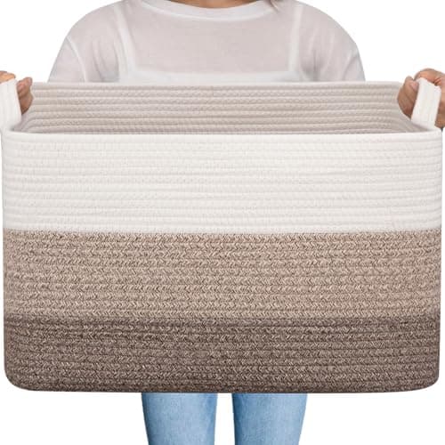OIAHOMY Large Storage Basket, Cotton Rope Woven Blanket Basket, Toy Bin for Baby Room, Container for Blanket Storage in Living Room, 20''×16''×12'', Gradient Brown - Image 1