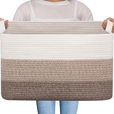 OIAHOMY Large Storage Basket, Cotton Rope Woven Blanket Basket, Toy Bin for Baby Room, Container for Blanket Storage in Living Room, 20''×16''×12'', Gradient Brown - Image 1