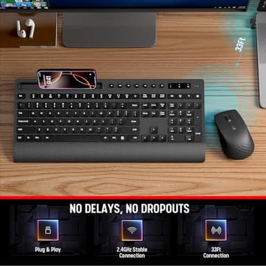 Trueque Wireless Keyboard and Mouse Combo - Full-Size Quiet Keyboard with Palm Rest, Phone Holder, Multimedia Keys, Power Switch, Compatible with Windows, Chrome OS, PC, Laptop (Batteries Included) - Image 7