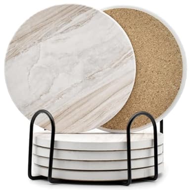 6Pcs Drink Coasters with Holder, Marble Style Ceramic Drink Coaster, Absorbent Coasters Set Suitable for Kinds of Cups, Modern Style Coasters for Coffee Table, 4 Inches - Image 1